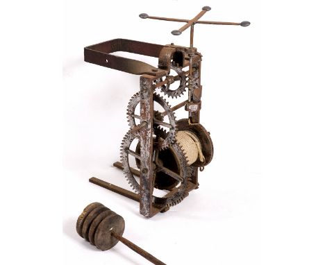 AN OLD WROUGHT IRON SPIT-ENGINE 36cm deep x 57cm high together with an iron spit with wooden pulley, 171cm long (2)
