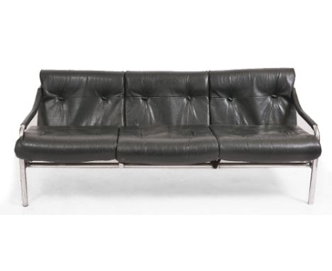 A LATE 1960 / EARLY 1970 PIEFF BLACK LEATHER 'BETA' THREE SEATER SOFA with chrome frame, original button upholstery, 165cm wi