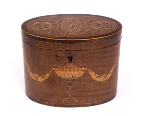 A 19TH CENTURY MAHOGANY LINE INLAID MARQUETRY AND PARQUETRY TEA CADDY  with swag decoration to the front and floral acanthus 
