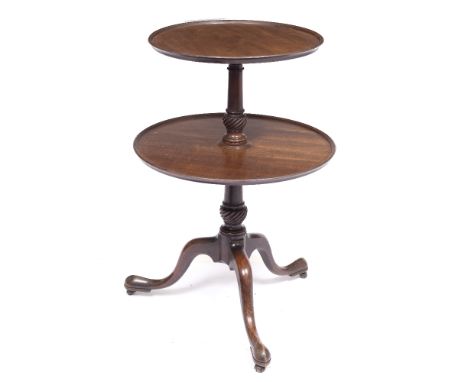 A GEORGE III MAHOGANY TWO TIER DUMB WAITER with a turned column and tripod splayed legs with pad feet and casters, 61cm diame