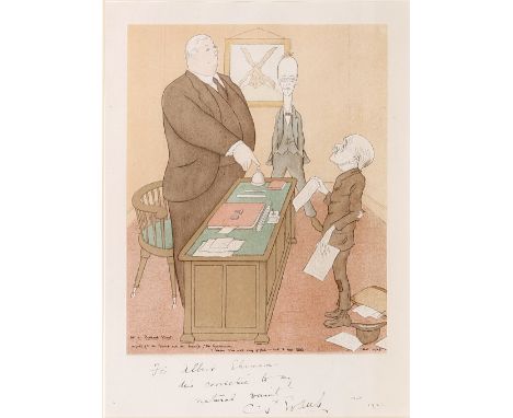 SIR MAX BEERBOHM (1817 - 1956) Cartoon depicting Max Beerbohm presenting cartoons to Mr Byard and Mr Evans, lithograph, the l