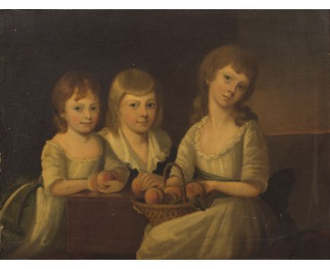 LATE 18TH / EARLY 19TH CENTURY ENGLISH SCHOOL Portrait of three children holding peaches, oil on canvas, 68cm x 89cm