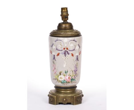 A 19TH CENTURY ENAMEL DECORATED TABLE LAMP with cast brass mounts, originally an oil lamp and now converted for electric use,
