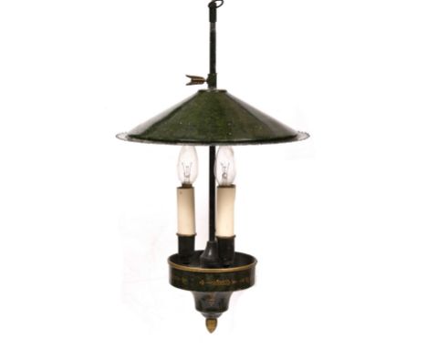 AN EMPIRE STYLE GREEN PAINTED AND PARCEL GILT HANGING LIGHT FITTING  with mirrored shade, 31cm diameter x 54cm high