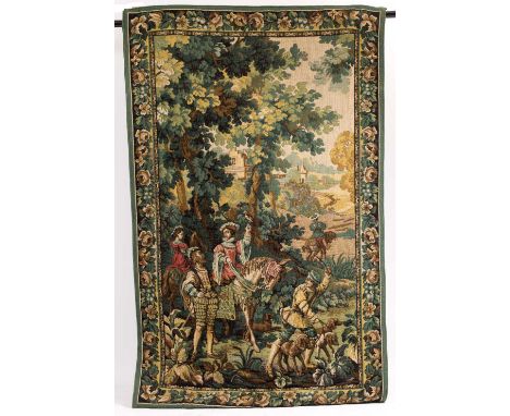 A BELGIAN MACHINE MADE WOOLEN TAPESTRY  after Maximillians hunting party, from Barent Van Orley, 190cm x 122cm and a further 