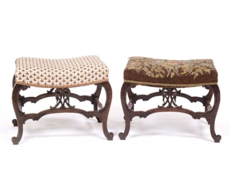 A MATCHED PAIR OF ENGLISH MAHOGANY CHIPPENDALE STYLE STOOLS, one 18th century, one later with overstuffed upholstered seat an