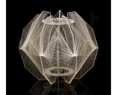 A MID 20TH CENTURY PERSPEX HANGING LIGHT SHADE with woven decoration to the faceted sides 28cm wide x 26cm high