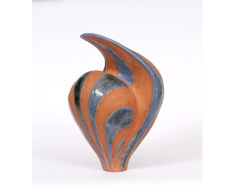 A 20TH CENTURY STUDIO POTTERY ABSTRACT VESSEL with painted stripe decoration, signed indistinctly with initials to the base, 