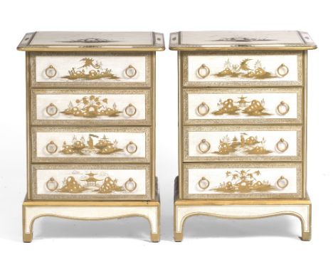A PAIR OF CHINOISERIE DECORATED LACQUERED SMALL BEDSIDE CHESTS  of four drawers, each with ring handles and all standing on b
