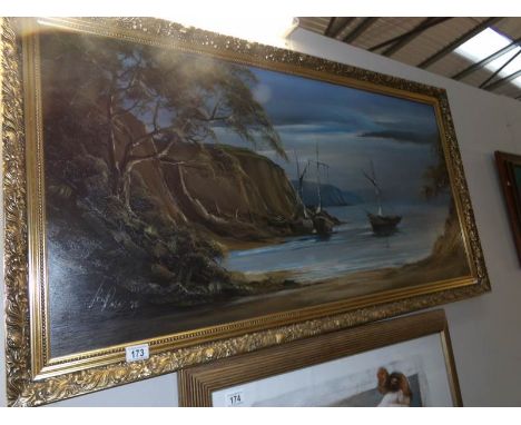 A large gilt framed oil on canvas seascape signed Ken Rose '85