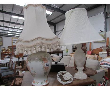 A pottery table lamp and an onyx table lamp