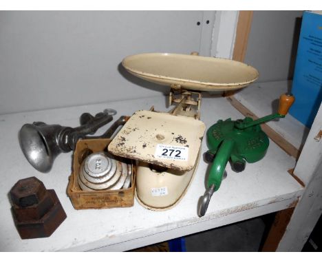 A set of scales, mincer etc