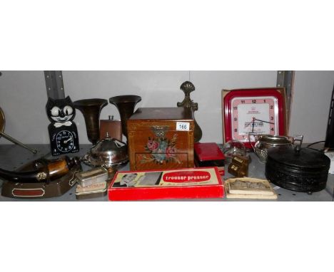 A mixed lot including silver plate, jewellery box, breweryana, car light fitting etc