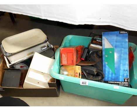 A box of assorted tools and a box of scales etc
