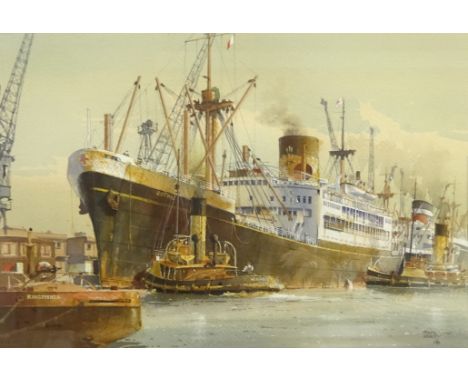 Colin Verity RSMA (British 1924-2011): 'T S S Gothic' - Berthing in the King George Dock Hull in the 1950s, watercolour signe
