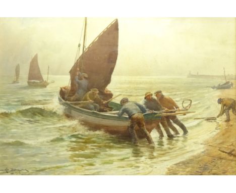 William Kay Blacklock (British 1872-1944): Launching the Cobles from the Beach, watercolour signed and dated 1915, 52cm x 75c