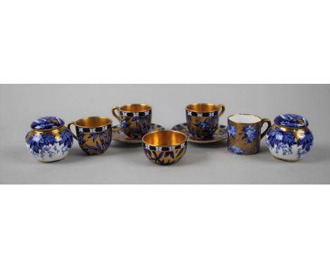 A Collection of Coalport Blue and Gilt Miniatures, Night Owl Pattern Lidded Boxes, Bamboo and Bird Cups, Saucers and Bowl etc