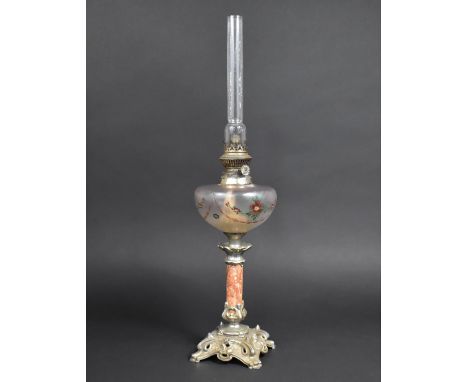 An Art Nouveau Oil Lamp with Silver Plated Base, Faux Marble Support and Floral Decorated Glass Reservoir, Plain Chimney, 60c