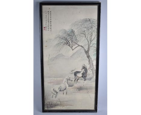 A Framed Chinese Print, Horses, 37x75cms 