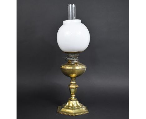 A Late Victorian Brass Based Oil Lamp with Opaque Glass Shade and Plain Chimney, 62cms High 