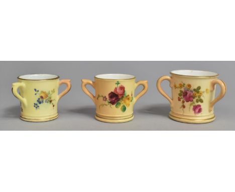 Three Royal Worcester Blush Ivory Miniatures, Two Tygs and a Loving Mug, Various Condition 