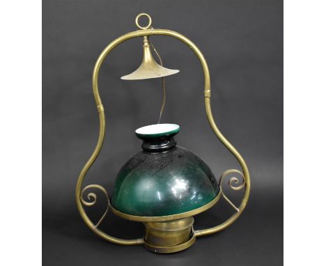 A Brass Ceiling Hanging Light Fitting in the Form of an Oil Lamp with Green Glass Shade, 64cms High 