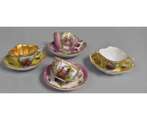 Three Continental Porcelain Miniature Quatrefoil Cabinet Cups and Saucers all with Hand Painted Decoration and Gilt Trim Toge