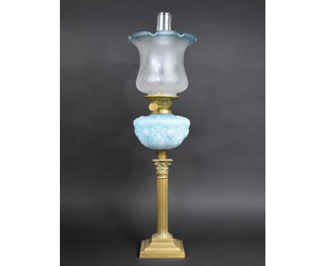 A Late Victorian Brass Based Oil Lamp with Reeded Corinthian Column Support on Stepped Square Base, Moulded Blue Glass Reserv