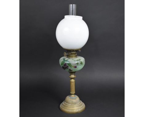 A Late Victorian/Edwardian Brass Based Oil Lamp with Ribbed Column Support, Floral Etched Glass Reservoir, Opaque Shade and P
