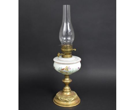 A Late Victorian/Edwardian Brass Based Oil Lamp with Opaque Glass Reservoir Decorated with Flowers, Plain Chimney, 61cms High