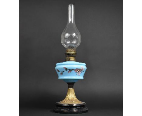 A Late Victorian Brass Based Oil Lamp on Circular Plinth, Blue Glass Reservoir Decorated with Flowers, Plain Glass Chimney, 5