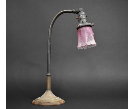 A Vintage Desk Top Metal Reading Lamp with Weighted Base and Etched Pink Glass Shade, 42cms High 