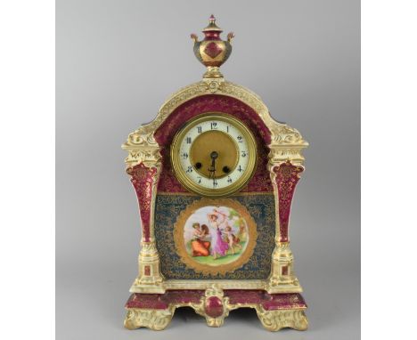 A Royal Vienna Porcelain Mantle Clock Having Urn Finial and Architectural body with Hand Painted Decoration with Classical Ce