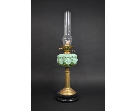 A Late Victorian Brass Ribbed Oil Lamp with Reeded Column Support on Circular Plinth, Moulded Green Glass Reservoir, Plain Ch