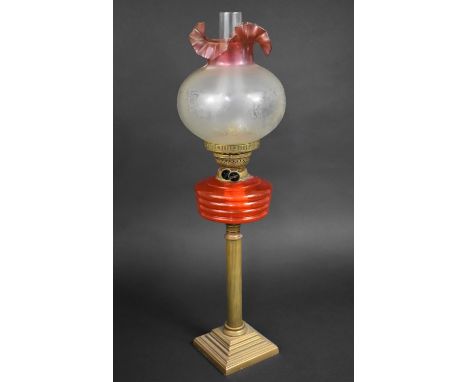 A Late 19th/Early 20th Century Brass Based Ribbed Column Oil Lamp with Orange Glass Reservoir and Etched Two Tone Shade, 71cm