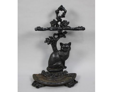 A Vintage Cast Iron Two Division Stick Stand with Seated Cat Decoration, 65cms High 