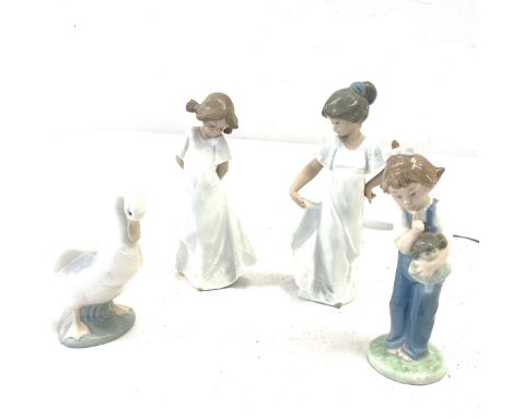 Selection of 4 Nao figures includes Nao goose, girl in nighty, Girl holding teddy etc 