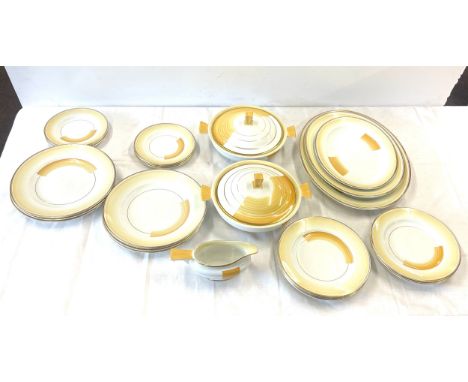 Part art deco Shelley p.12248 patches and shades dinner service includes tureens, gravy boat, plates and meat plates. Approx 
