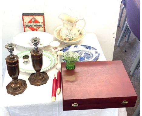 Large selection of miscellaneous items includes candle sticks, meat plates etc 