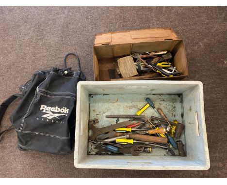 Box of tools, rucksack WW2 Ammo box etc 