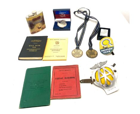 Selection of miscellaneous items includes lighter, AA Badge, Hip flask, medals etc 