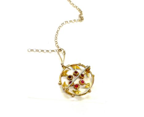 Edwardian vintage seed pearl and garnet pendant, pendant faintly marked 9ct chain marked 9k total weight 4.8grams 