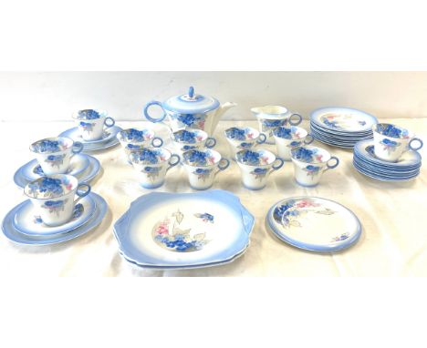 12 place setting Shelley Blue Phlox no W12119 Tea service,  hair line cracks to 3 cups and 1 chip, missing sugar bowl include