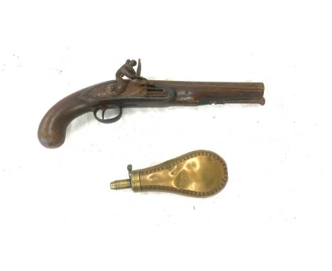 Vintage pistol and brass powder flask 