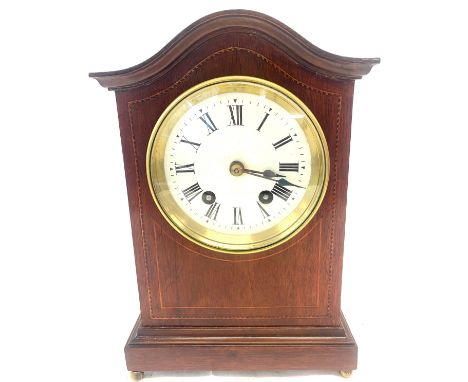 Vintage 2 keyhole inlaid mantel clock with key and pendulum, untested 