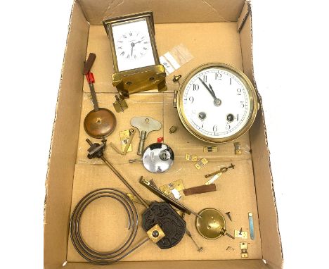 Selection of clock keys, pendulums, Bayard carriage clock, 2 key hole clock face etc 