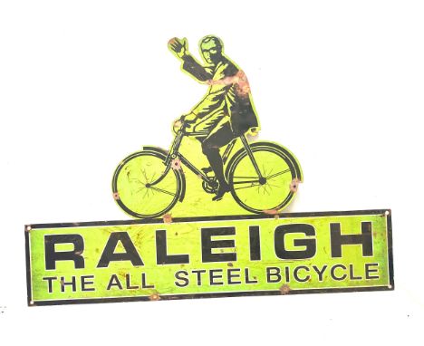 Raleigh all steel bicycle metal enamel sign measures approx 20 inches tall 27.5inches wide 