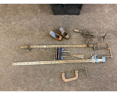 Selection of vintage tools to include hand drill, slash clamps, g clamps etc 