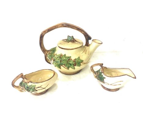 McCoy ivy-leaf ceramic tea set; 1940's tea pot with lid, creamer, sugar. Mid-century MCM decorative 