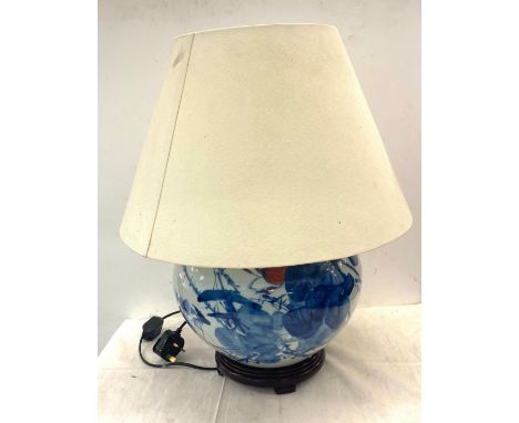 Oriental lamp and shade, untested, lamp measures approx 12 inches tall by 12 inches wide 
